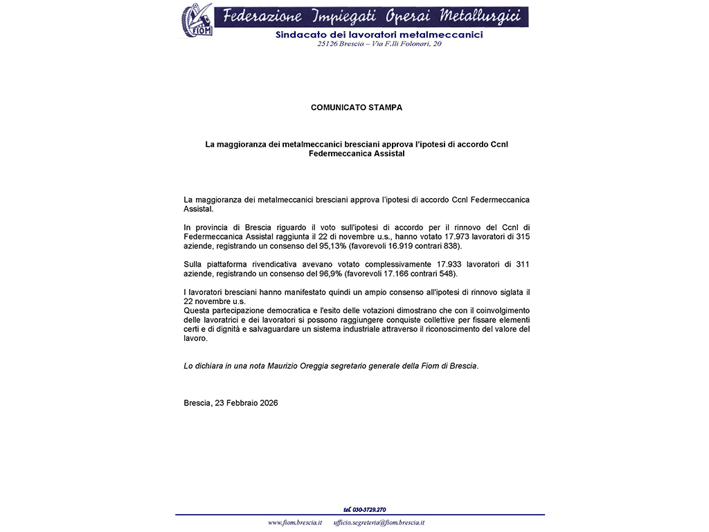 Dichiarazione del segretario generale fiom di brescia Oreggia sull'esito del referendum ccnl federmeccanica